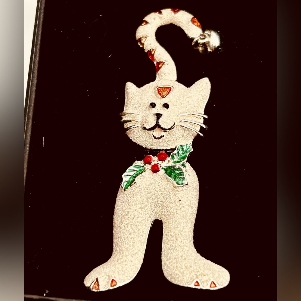 Christmas Kitty Cat with adorable bell accent Holiday White  Pin Brooch
